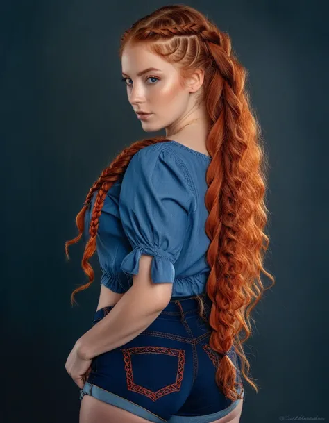 a woman with long curly hair wearing a blue top and denim shorts, a digital rendering inspired by Theo Constanté, trending on cg society, renaissance, long braided curly hair, red intricate long braids, long braided curly brown hair, curly copper colored h...