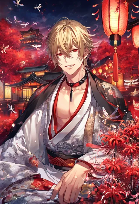 absurdres, highres, ultra detailed, HDR, master piece, best quality, detailed eyes, extremely detailed, delicated features, Kazama Chikage, dark blonde hair, expressive red eyes, Hakuouki, solo, sexy man sitting, handsome, smile, white kimono, black haori,...