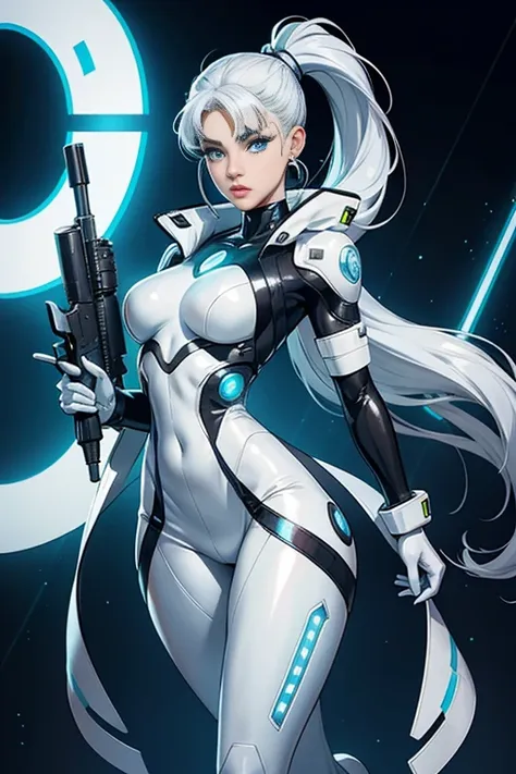 full body cyber girl with ponytail. ariana grande's face. bright white color to show she is a cyber girl with laser rifle. white...