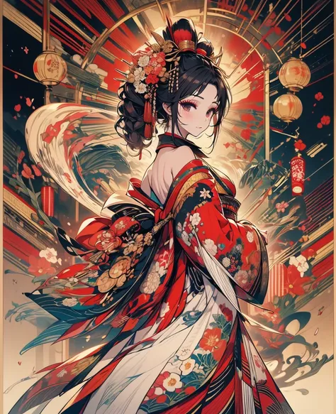 from behind,whole body,oiran,luxurious makeup,(gorgeous costumes,a kimono with a wide open back collar from the nape to the back...