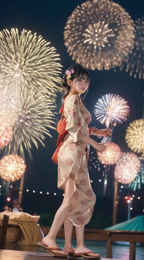 (((Masterpiece，Highest quality，Highest quality，8k，16K))，((Ultra-high resolution，Super detailed)))，Japanese，beautiful girl，glamorous，Golden Ratio Style，Yukata，Hair tying，hairpin，Drawstring bag，geta，night，Outdoor，Summer festival，street vendors，Opening a stor...