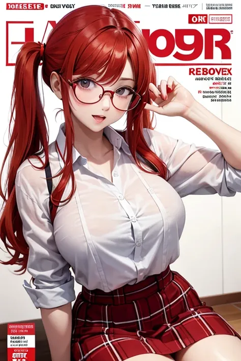 magazine cover, redhead, pigtails, big breasts, sexy pose, white shirt, red plaid skirt, glasses