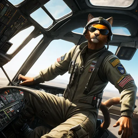 a highly detailed anthropomorphic cat pilot, sitting in the cockpit of a military jet, wearing a flight suit, aviator sunglasses, and a flight helmet, photorealistic, 8k, hyperrealistic, studio lighting, extremely detailed, cinematic composition, striking ...