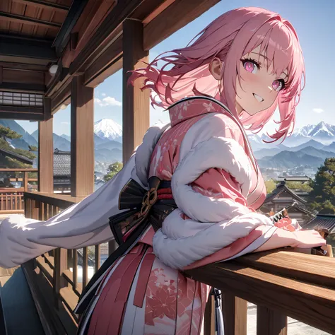 one wearing a pink kimono with white details, long-sleeved kimono, white fur cape, pink hair, long pink hair, pink eyes, standin...