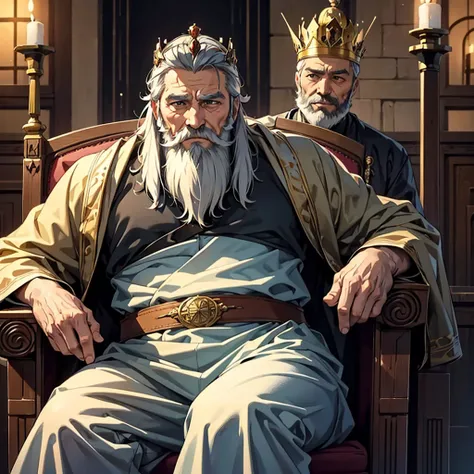 high resolution、An old and well-built man、Dignified、The King of Men。Sitting on the throne。Wearing a crown。
Fantasy。Bearded。