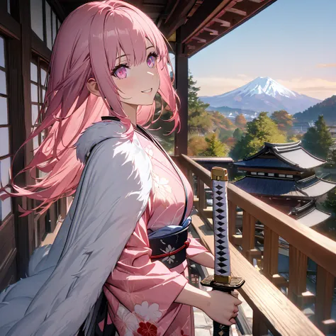 one wearing a pink kimono with white details, long-sleeved kimono, white fur cape, pink hair, long pink hair, pink eyes, standin...