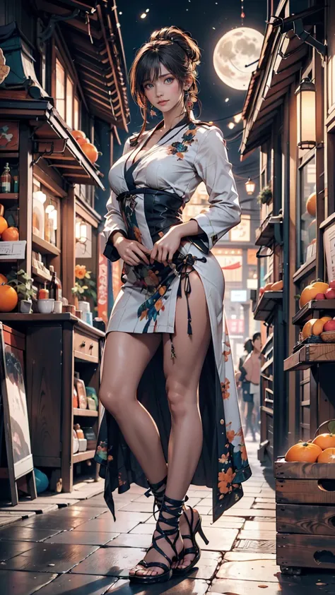 Dim orange moonlight,Dim orange neon lighting,night,Beautiful woman in uniform in the bustling city of Gintama, Surrounded by sellers, Beautiful portrait of a stunning goddess girl, Beautifully detailed face, Porcelain-like skin, Full Body Shot, Centered, ...