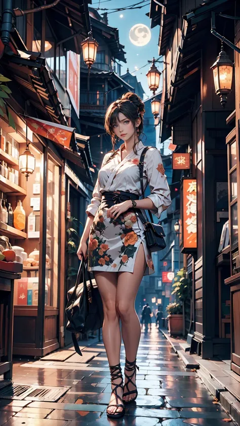 Dim orange moonlight,Dim orange neon lighting,night,Beautiful woman in uniform in the bustling city of Gintama, Surrounded by sellers, Beautiful portrait of a stunning goddess girl, Beautifully detailed face, Porcelain-like skin, Full Body Shot, Centered, ...