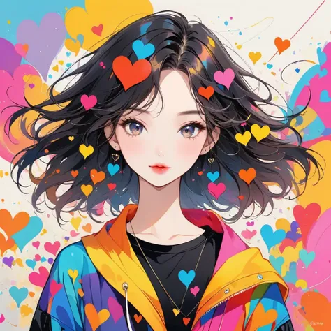 Black Star colorful style, Simple Line Initialism，Abstract art，Urban Background, (((The most beautiful girl of all time))), Sweet face. Lips in love, colorful hearts, stylish design