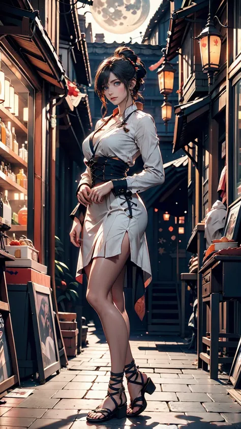 Dim orange moonlight,Dim orange neon lighting,night,Beautiful woman in uniform in the bustling city of Gintama, Surrounded by sellers, Beautiful portrait of a stunning goddess girl, Beautifully detailed face, Porcelain-like skin, Full Body Shot, Centered, ...