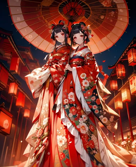 god々A beautifully and gorgeously decorated courtesan,A large, gorgeously decorated hairpin,Gorgeous kimono,(Oiran hairstyle, Date Hyogotaka),Large umbrella,Courtesan Procession,Night scenery with lanterns lined up,(A servant holds an umbrella behind the co...