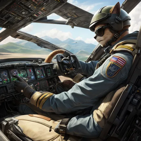 a highly detailed anthropomorphic cat pilot,(1 cat,2 pilot,3 cockpit,4 military jet,5 flight suit,6 aviator sunglasses,7 flight helmet),(best quality,4k,8k,highres,masterpiece:1.2),ultra-detailed,(realistic,photorealistic,photo-realistic:1.37),cinematic co...