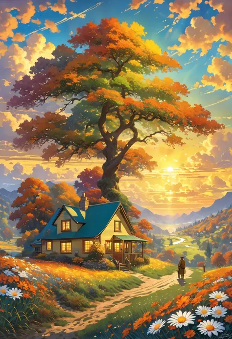 anime masterpiece: Create an image of a watchman, detailed anime style. The scene is a boy sitting next to a tree in an autumn meadow., looking at a vast golden sky with white clouds, an incredible sunset, tall green grass, daisy flowers, ULTRA Style Kilia...