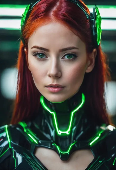 beautiful woman, red hair, in black cyber suit with vibrant green details, 8k, high detailed, uhd, portrait, realistic photography, 105 mm lens, zuisse film, extra realistic, long exposed 600 seconds, camera aperture f3/5, ratio 1.2, avant-garde portrait s...