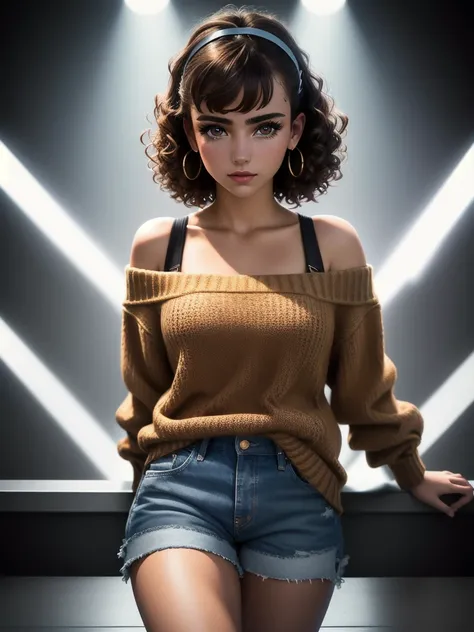 illustration, style of Philip Lorca diCorcia, cinematic film still portrait of young girl aged 18 yrs old, 1girl, solo, Instagram model, athletic figure, pretty face, wearing an off the shoulder brown sweater, wearing jean shorts, light brown hair, short c...