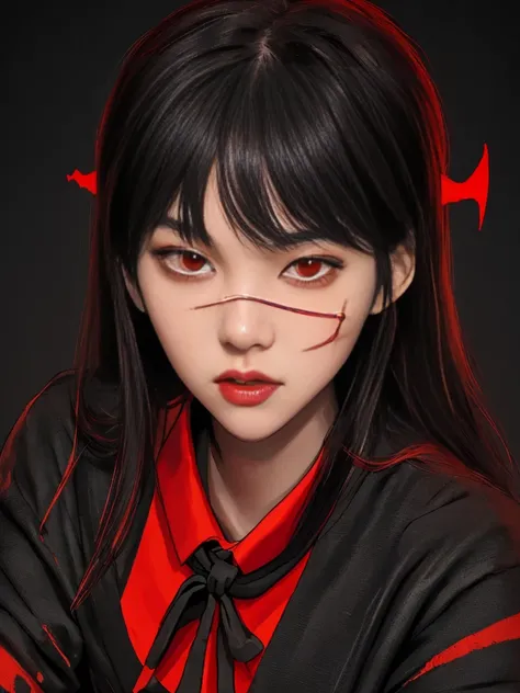 Yoru, dressed as a schoolboy, shirt, Neckband, long sleeves, Dark theme, (looking at the viewer, portrait:1.5), black and red, red details, glowing runes_red,