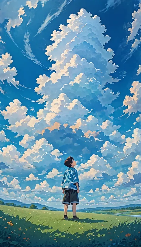 a boy standing on the grass looking up at the sky with pure blue clouds and clouds are forming