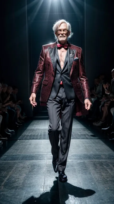 a male fashion model in his 60s, full body, wearing eccentric costume, comically dancing and walking on the runway, hyper-realistic, 8k, cinematic lighting, dramatic pose, high fashion, elegant, glamorous, haute couture, chiaroscuro, moody, dramatic, dynam...