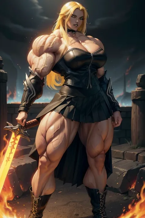 ((Close-up)), tall, (yellow hair) beautiful muscular woman, long flowing hair, light brown skinned, closed smile, (black lipstick), (massive muscles), (hyper muscle), (ginormous bulky muscles), glowing gray eyes, ((leather jacket and long pleated skirt)), ...