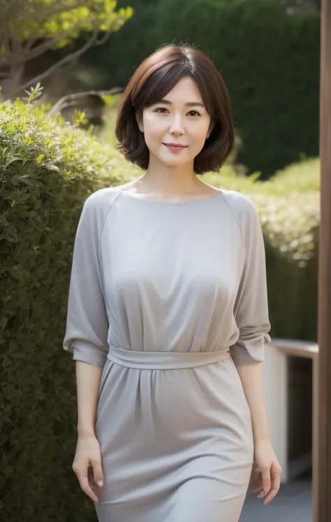 The beautiful and delicate face of a 45-year-old Japanese adult, Beautiful and delicate lips with lip gloss, Emotional expression, Large Breasts, Big buttocks, Wearing a light grey casual dress, external, Shallow depth of field, Standing outside and lookin...