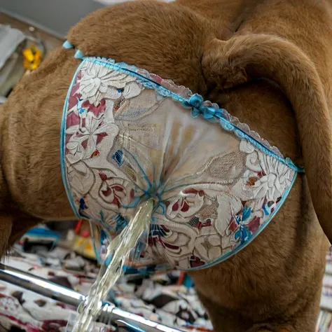 (((solo))), ((((feline hindquarters shaped panties)))), (((((butt focus, bedroom, tight fit, panties feline shaped indent, excessive urine, stained panties, dirty panties, stained panties, white panties, lion hindquarters under panties, anal panties bulge)...