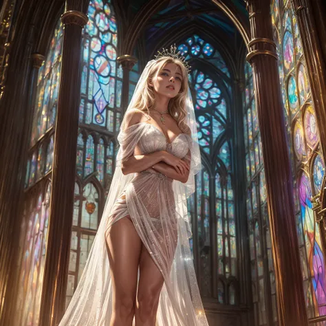  (Cathedral from below:1.28) (ZoomLayer) TopQuality 8K masterpiece of ((Professional photo)), (((Clarisse de Cagliostro))) (Detailed White WeddingDresses), Chain, (((Extremely detailed KAWAII face))) {((VeiledFace))|BlondeHair|(Elaborate BuleEyes)with(Spar...