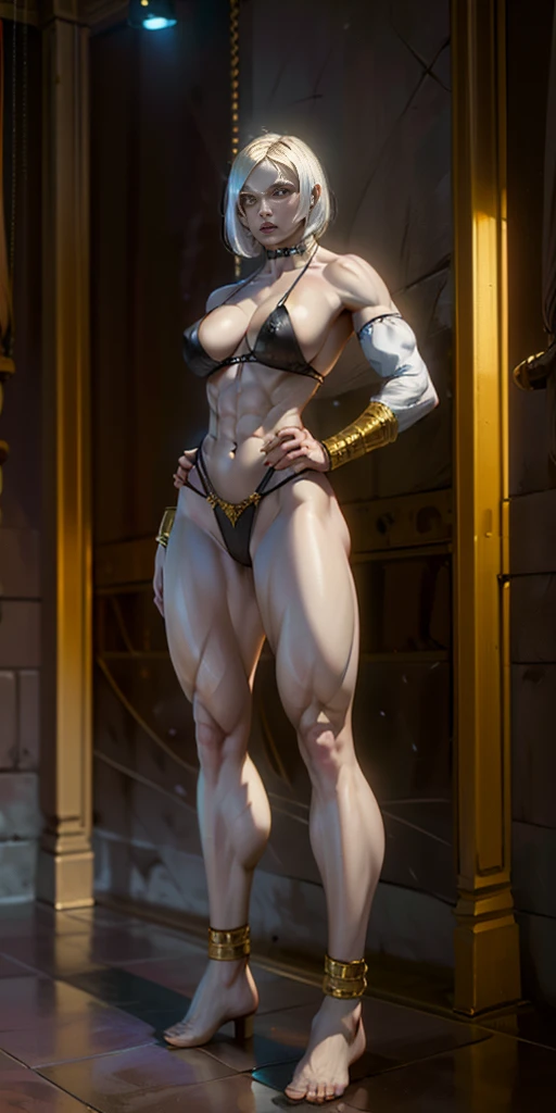 (Masterpiece, plain background:1.2) white short bob hair and skin, white eyes, thin legs, thin but muscular toned body, leather corset and leather collar choker with golden neck bell, shackles wristbands bracers bracelets sleeves, whitish micro bikini 👙 ma...