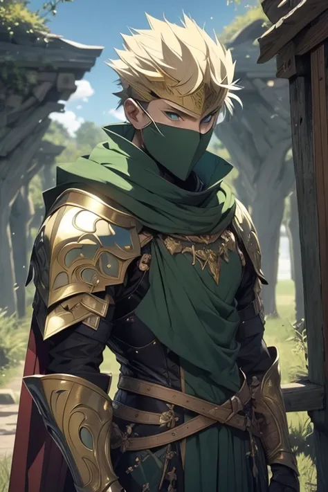 man, short hair, blond hair, green eyes, wears armor, wears a blue cape, scenery and a field full of swords