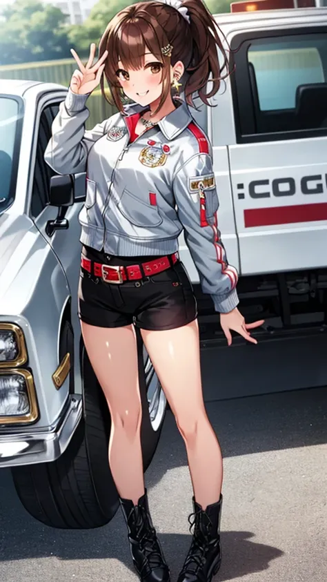 (Highly detailed CG), (Highest quality), Perfect Face, Glowing Skin, Shiny skin,Wide Hips,   One girl,alone ,   MioSuto,Long sleeve,Iris,red belt,star(symbol),denim,short Shorts, Black Hair, Earrings, denim Jacket, boots, Brown eyes, ponytail, Shorts, belt...