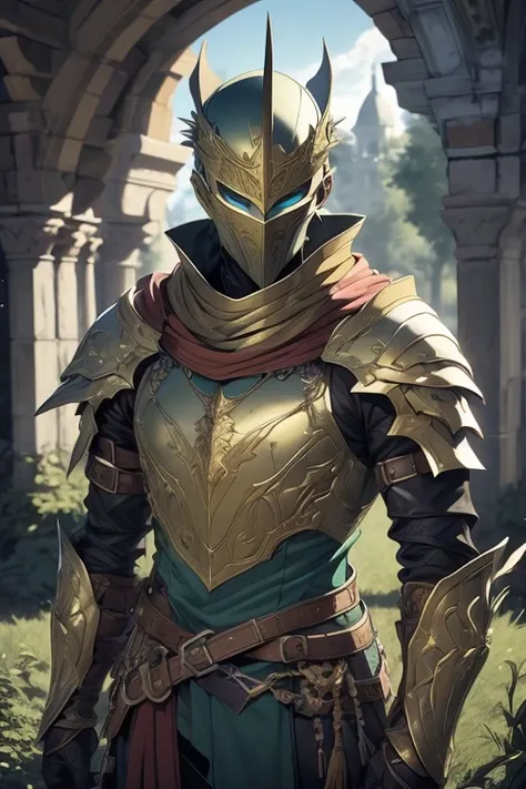 man, short hair, blond hair, green eyes, wears armor, wears a blue cape, scenery and a field full of swords