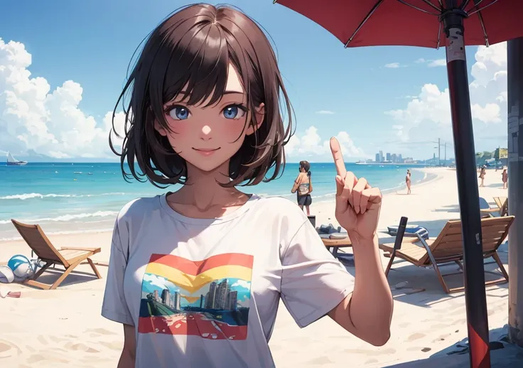 ((Highest quality)), ((masterpiece)), (detailed), One girl, beach,smile,summer,T-Shirts,Perfect Fingers,citypop