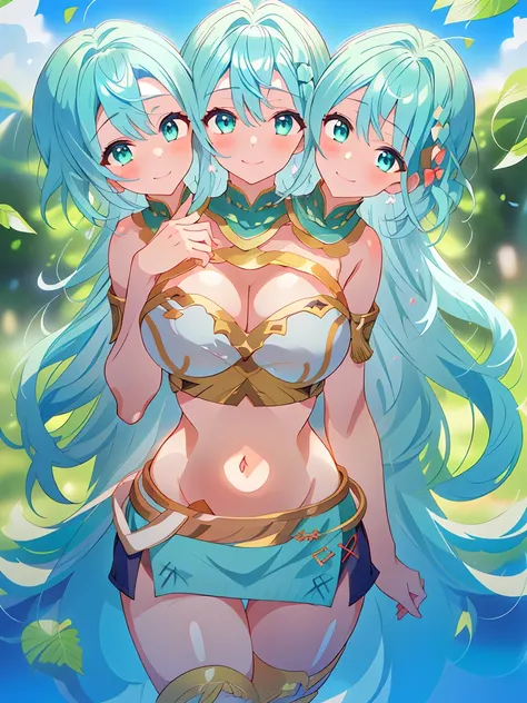 (masterpiece, best quality), best resolution, (3heads:1.5), 1girl, FEChloe, blue-green hair, flowing hair, smiling, soft smile, open belly, light green-white-light blue crop top, white miniskirt, open breasts, very huge tits, sexy pose, beautiful eyes, hea...