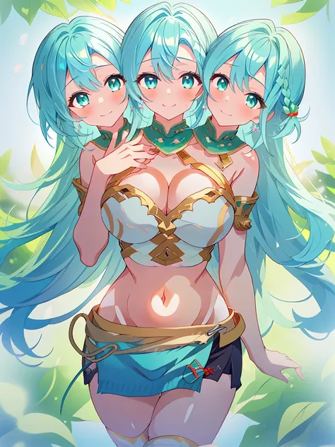 (masterpiece, best quality), best resolution, (3heads:1.5), 1girl, FEChloe, blue-green hair, flowing hair, smiling, soft smile, open belly, light green-white-light blue crop top, white miniskirt, open breasts, very huge tits, sexy pose, beautiful eyes, hea...