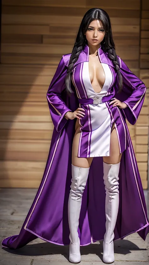 (masterpiece), best quality, expressive eyes, perfect face, solo woman, dance posing,  cold eyes, smile warm, fasalina, long purple dress, boots, purple robe thin, front double braids, full dress, milf, Fasalina, slim body woman, long black hair, tall body...