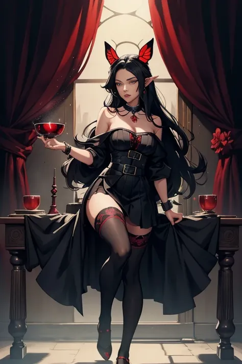 unexpressive,,(black fantasy),((marvelous illustration)),(splash of details), long black hair, red students, kizi, sheer black d...