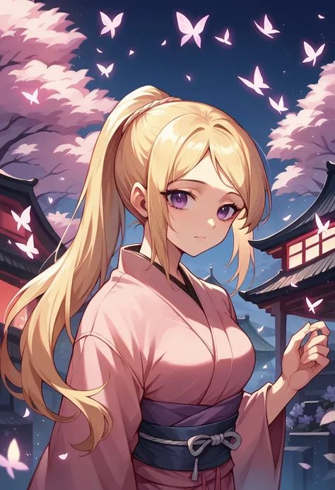 Anime style. Girl with long blonde hair, ponytail, purple eyes, eyes with black eyeliner, beautiful face, defined body. High details. Masterpiece. Ninja black pink outfit. Background, old Japanese style city at night. Flowers an butterflies background.