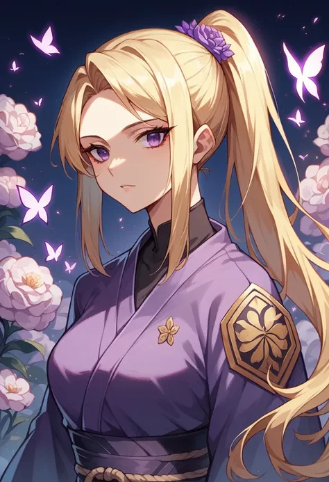 Anime style. Girl with long blonde hair, ponytail, purple eyes, eyes with black eyeliner, beautiful face, defined body. High details. Masterpiece. Ninja black purple outfit. Background, old Japanese style city at night. Flowers and butterflies background. ...