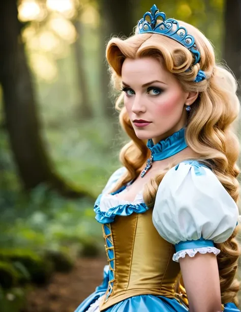 solo belle delphine as alice in wonderland, blonde hair, looking serious, fairy tales, in fantasy style