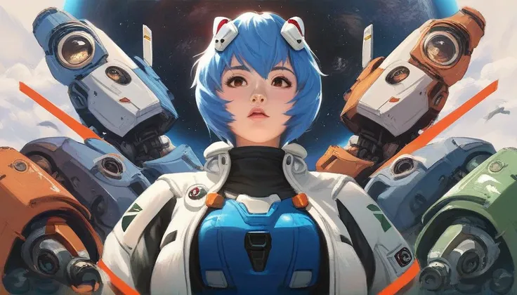 A closeup of a person with blue hair and a white jacket, portrait anime girl space cadet, Rei Ayanami, ayanami, in a space cadet suit, inspired by Leng Mei, blue uniform, blue short hair woman, crew member of a futuristic spaceship, rogue anime girl ayanam...