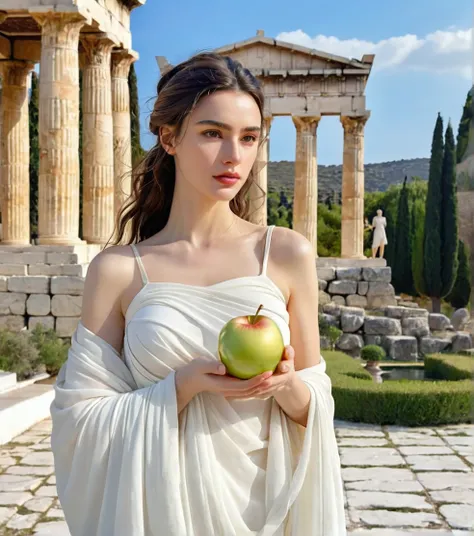 Powerful Greek goddess Eris holding a golden apple in one hand and with the other holding a dagger and she is wearing classical Greek clothes and in the background there is an ancient Greek garden with temples from classical times, body skinny, black, slig...