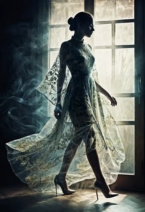 double exposure photo illustration, A lady, a ghost maiden (transparency effect of the images of a ghost spirit facing her), perfect mix, texture and pattern, ((transparency effect 0.75)), iconic walking posture, high-heels, dramatic shadows, dramatic ligh...