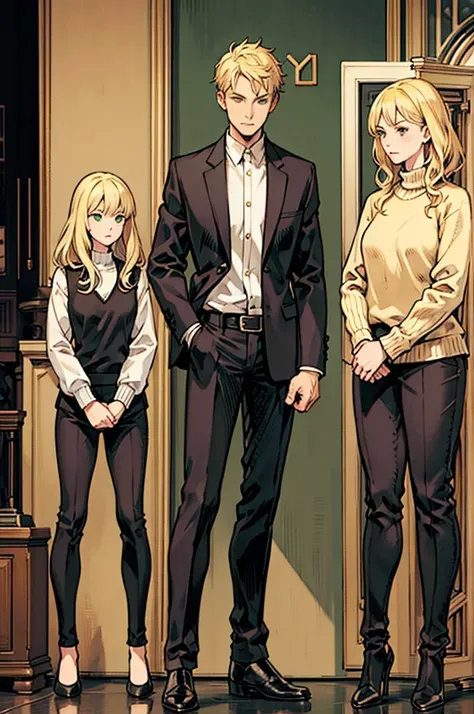 A twenty-eight year old man, with blonde hair, gray eyes and a black suit and a twenty-eight year old girl with blonde hair, long and green eyes, wearing a beige sweater and gray pants.