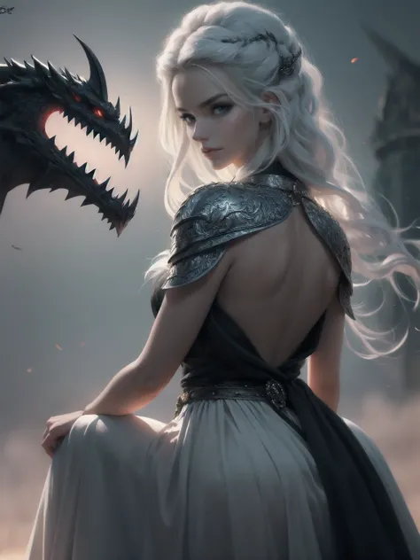 {-erro_de_anatomia:1.0} woman 30 years old, north,viking clothes, (nordic dress), dark castle, a woman (baela targaryen), black woman, (black skin) medium hair, white curly hair (white hair), (blue eyes) . Indifferent look , merciless. among the dragons, d...