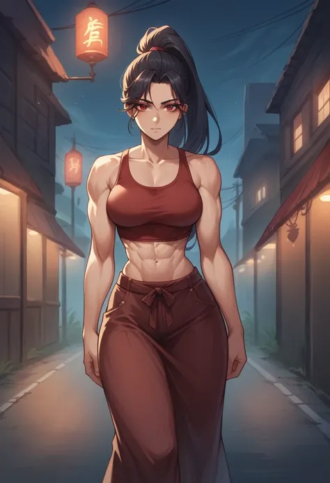 1 girl, long black hair with a ponytail (avatar style), red eyes, beautiful, light skin color , wide shoulders, thin waist, medium breasts, defined thighs, thin, defined lean , showing abs ,wide hips, medium ass, dark red tank top , long skirt,Its at night...