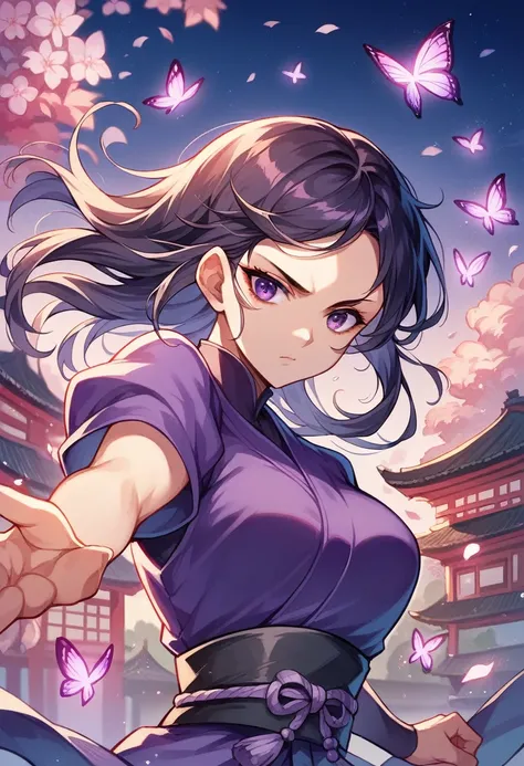 Anime style. Girl with long brawn hair, purple eyes, eyes with black eyeliner, beautiful face, defined body. High details. Masterpiece. Ninja black purple outfit. Background, old Japanese style city at night. Flowers and butterflies background. Powerful gi...