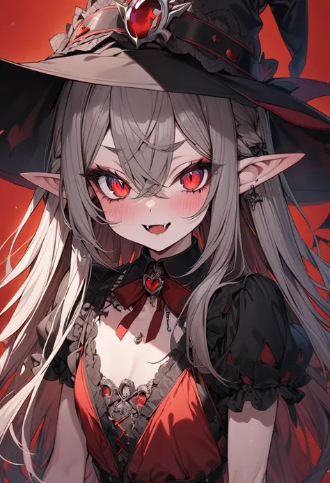 anime girl, long straight hair, cherry colored hair, Red eyes, Elfs ears, vampire fangs, witch hat, detailed eyes, ultra detailed, high quality, teenager,