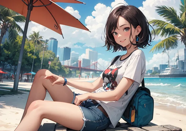 ((Highest quality)), ((masterpiece)), (detailed), One girl, beach,smile,summer,,Perfect Fingers,citypop,Hot pants on a t-shirt