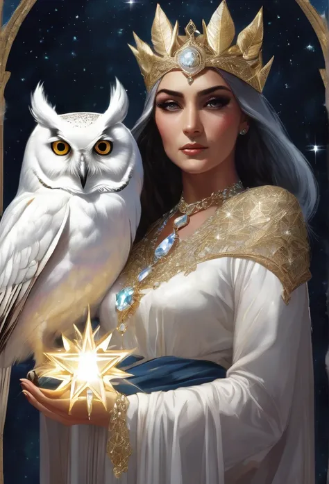 a beautiful woman and powerful witch, holding a shining star in her right hand and a white owl in her left hand, wearing a diamond-shaped crystal necklace, with a white 6-pointed star shining on her head.