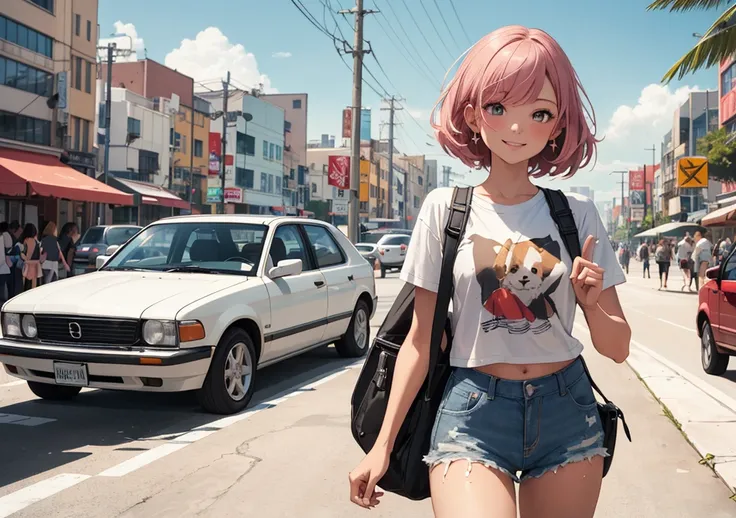 ((Highest quality)), ((masterpiece)), (detailed), One girl, beach,smile,summer,Perfect Fingers,citypop,Hot pants on a t-shirt,American Car