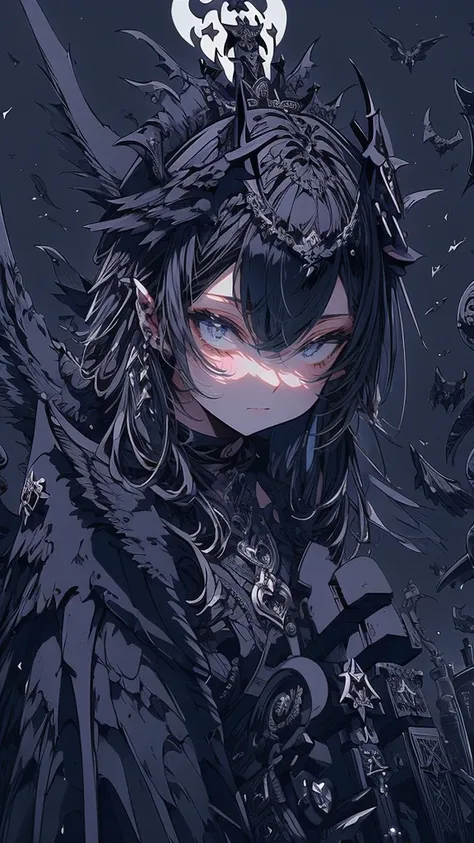 Gothic angel girl on a chessboard surrounded by black and white chess pieces, Angel Knight Gothic Girl, The villain has black angel wings, Gothic Maiden Anime Girl, has Black wings, angel with Black wings, Dark angel, Black wings instead of arms, Black Fea...